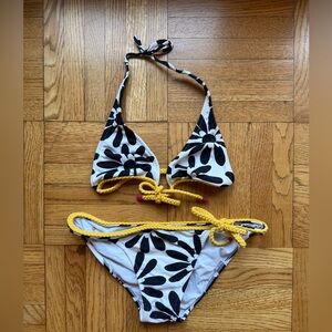 Salinas Black & White Graphic Flower Bikini with Contrasting Yellow Braided Ties